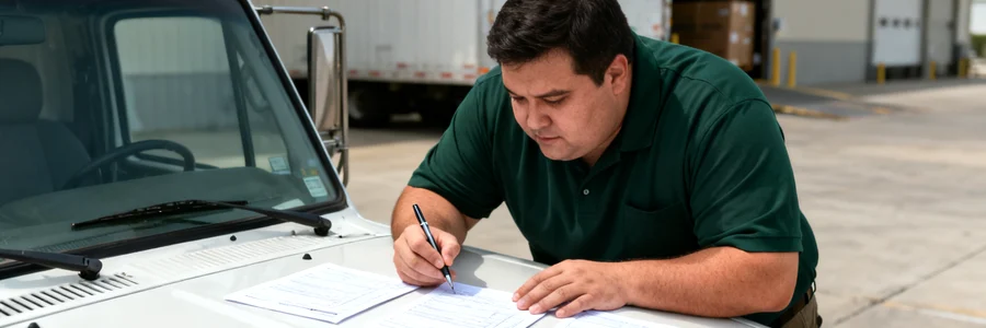 Déménageur comparant plusieurs devis sur capot de camion blanc