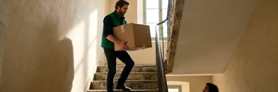 Déménageur portant un carton dans un escalier en pierre, palier lillois