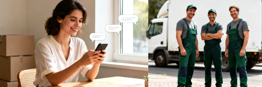 Cliente comparant plusieurs offres de pros sur smartphone, trois déménageurs en attente sur