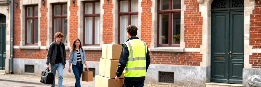 Déménageur sur pavés Vieux-Lille, étudiants et jeunes actifs arrivent en fond