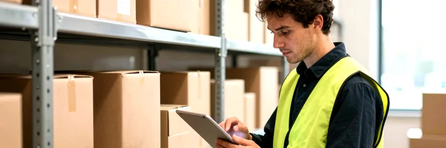 Déménageur devant un box de stockage ouvert avec meubles rangés, tablette en main