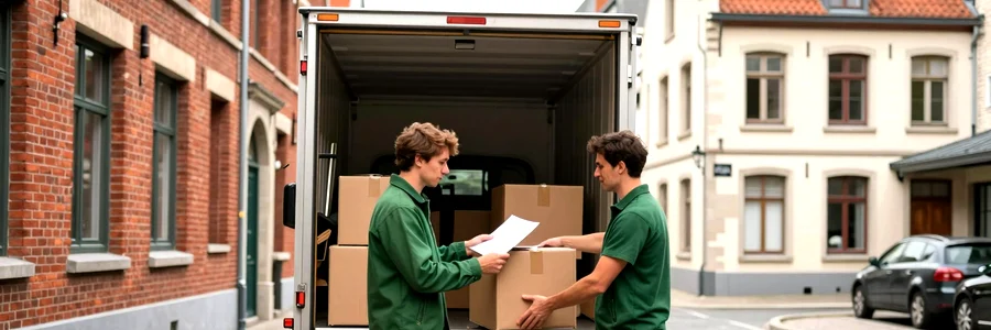Déménageur charge un camion entre façades flamandes et belges, client à ses côtés