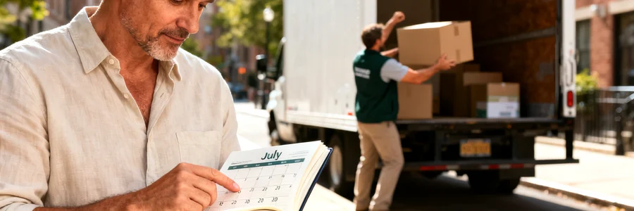 Client pointant une date de juillet dans un agenda pendant qu'un déménageur charge un camion