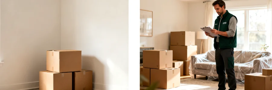 Studio avec trois cartons à gauche, grand appartement avec nombreux cartons et déménageur
