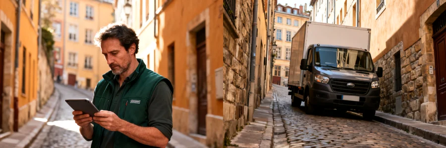 Déménageur consultant une tablette en ruelle lyonnaise en pente, camion récent stationné