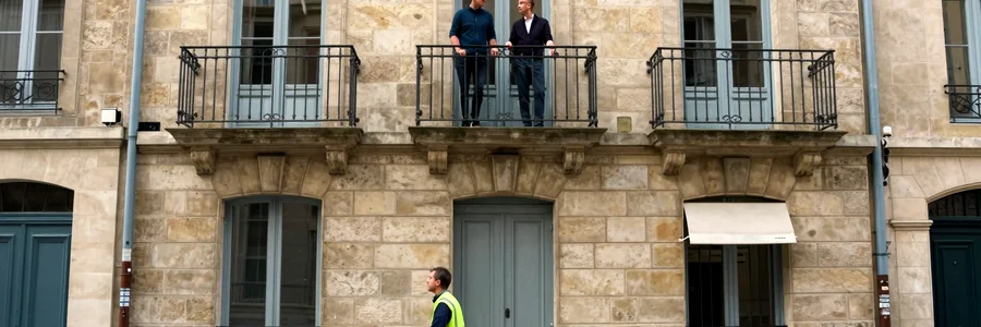 Monte-meuble déployé sur façade en pierre lyonnaise, canapé suspendu en hauteur, deux déménageurs