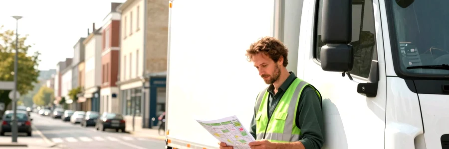 Déménageur consultant un plan de secteur sur le capot de son camion dans une rue résidentielle