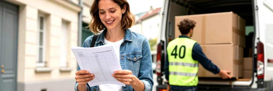 Mère souriante avec document de prime familiale sur le palier, déménageur en gilet vert qui charge