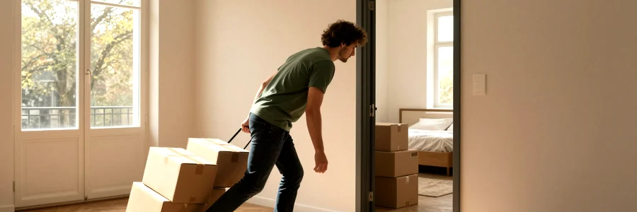 Déménageur poussant un diable chargé de cartons dans un appartement vide parqueté