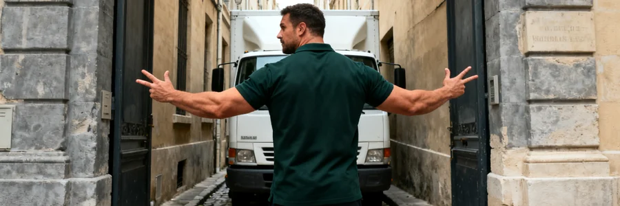 Déménageur professionnel mesurant la largeur d'une ruelle étroite du centre de Marseille avant