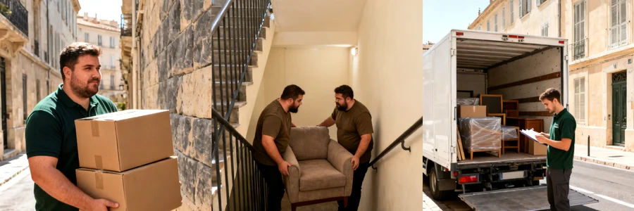 Déménageur marseillais gérant trois volumes différents, du studio au grand appartement, en tenue