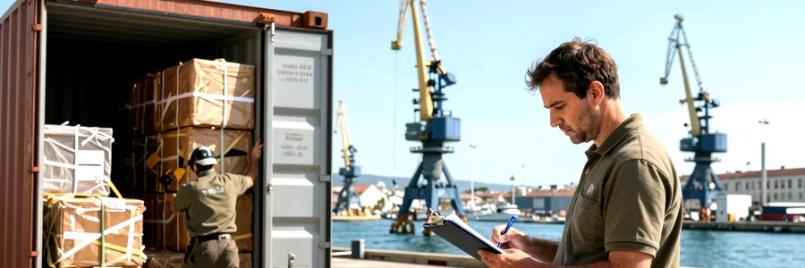 Déménageur professionnel vérifiant l'inventaire devant un conteneur maritime ouvert sur le quai