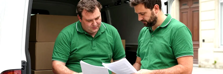 Déménageur pro et client examinant des documents d'aides financières lors d'un déménagement