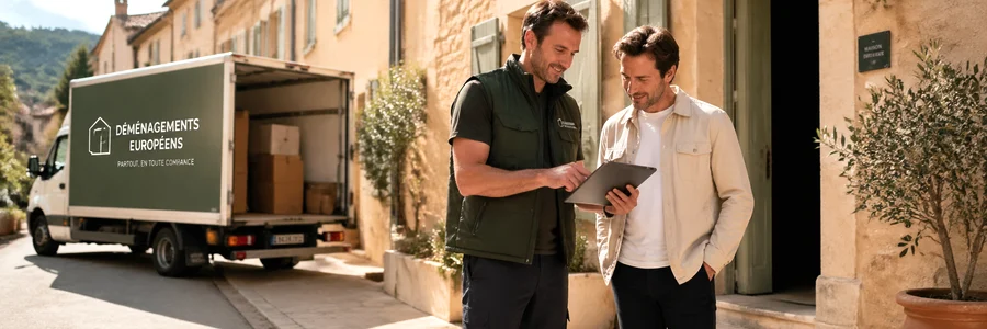 Déménageur local et client consultant un plan de quartier devant une façade en pierre ocre