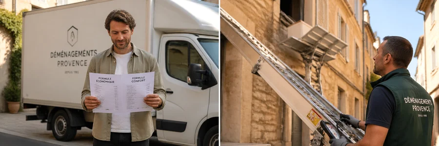 Client comparant deux propositions tarifaires devant un camion, monte-meuble déployé sur façade
