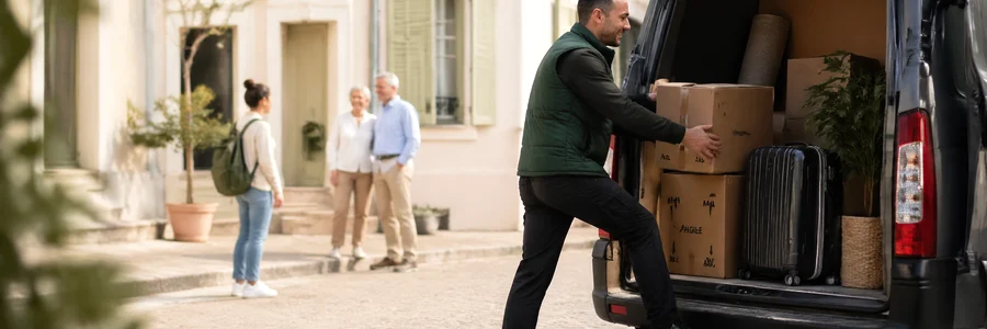 Déménageur chargeant cartons et valises dans un camion, profils variés en attente sur un parvis