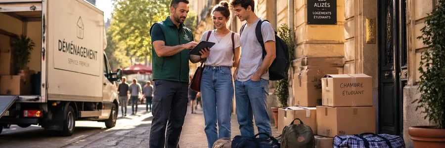 Déménageur vérifiant son planning complet face à des étudiants avec bagages dans une rue