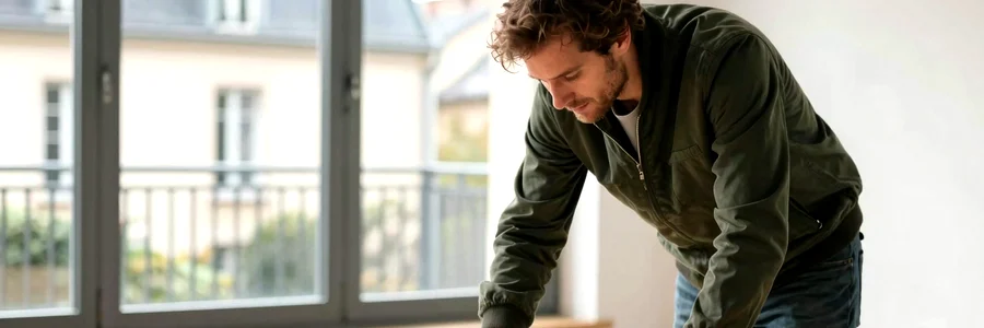 Déménageur et client étudient un plan dans un appartement vide à Nîmes