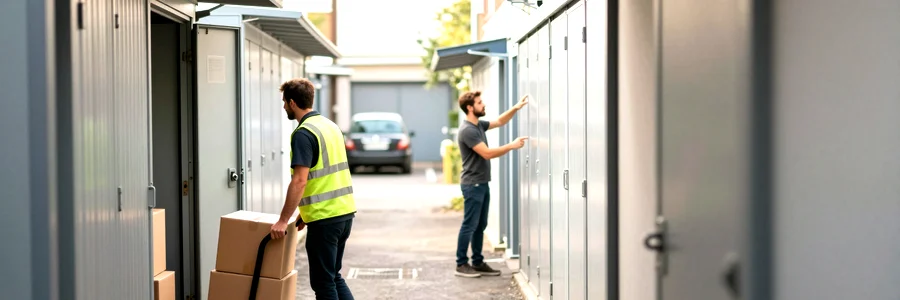 Déménageur avec diable et cartons dans couloir de garde-meuble, client indique un box ouvert