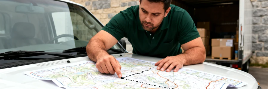 Déménageur professionnel étudiant un itinéraire longue distance sur carte routière posée sur camion