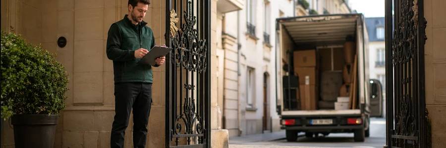 Déménageur consultant son plan devant une cour intérieure pavée du 11e arrondissement de Paris