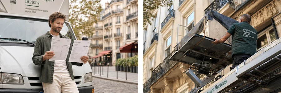 Client comparant deux propositions tarifaires sur capot de camion, monte-meuble déployé
