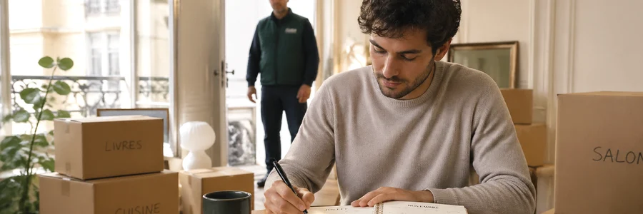 Client qui compare des dates sur un agenda ouvert entouré de cartons, déménageur en attente