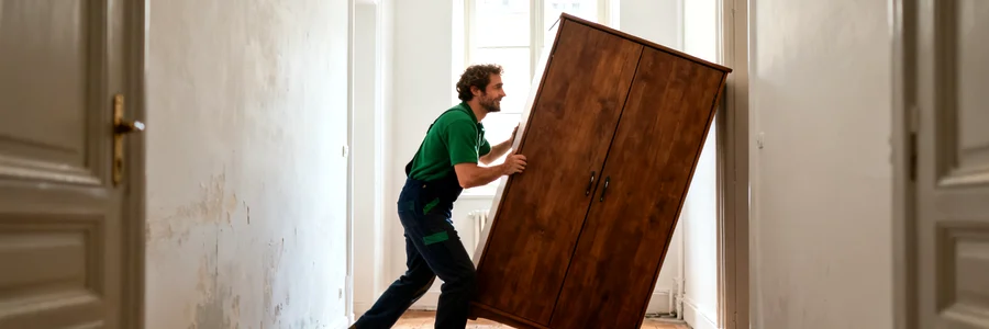 Déménageur portant une armoire dans un couloir d'appartement parisien, effort et précision