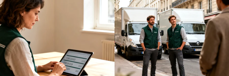 Cliente compare plusieurs offres de déménageurs sur tablette, deux pros en gilet vert foncé