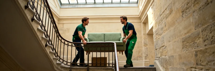 Deux déménageurs manœuvrant un canapé dans un escalier haussmannien en colimaçon, Paris