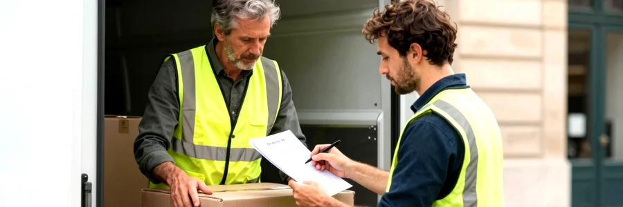 Déménageur qui charge un carton dans un camion pendant qu'un client vérifie sa checklist