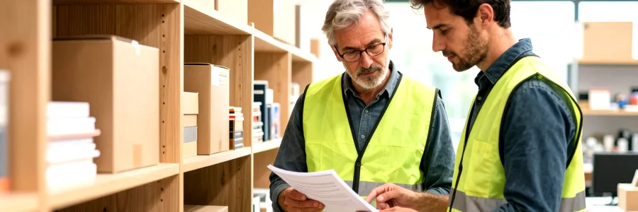 Déménageur et client devant un box de garde-meubles organisé, meubles et cartons stockés