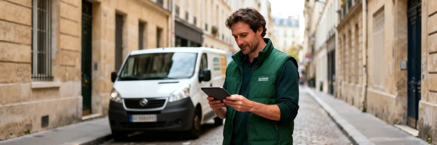 Déménageur avec tablette dans une ruelle pavée étroite du centre de Paris, petit fourgon de navette