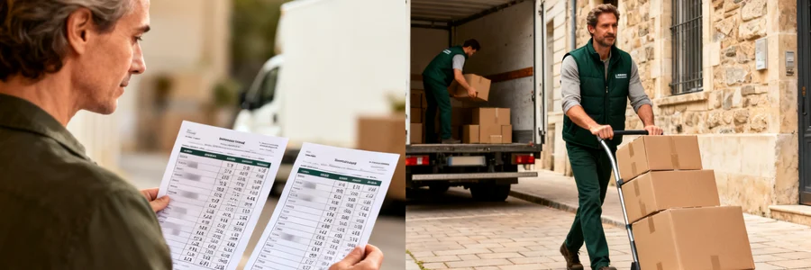 Client comparant deux offres de tarifs pendant qu'un déménageur charge des cartons, ruelle pavée