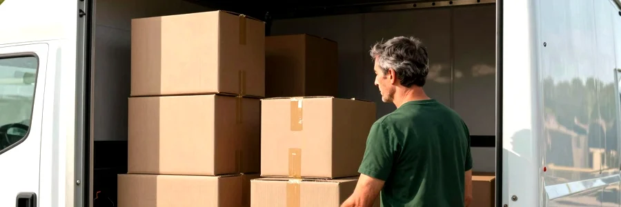 Déménageur empilant des cartons de volumes variés à l'intérieur d'un camion, vue contre-plongée