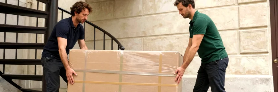 Deux déménageurs manœuvrant une armoire emballée dans un escalier haussmannien en colimaçon, Paris