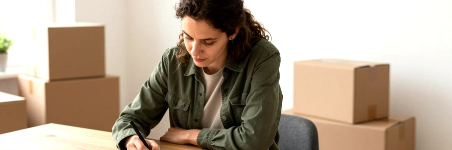 Femme qui coche une checklist de préparation au déménagement avec un professionnel en gilet vert