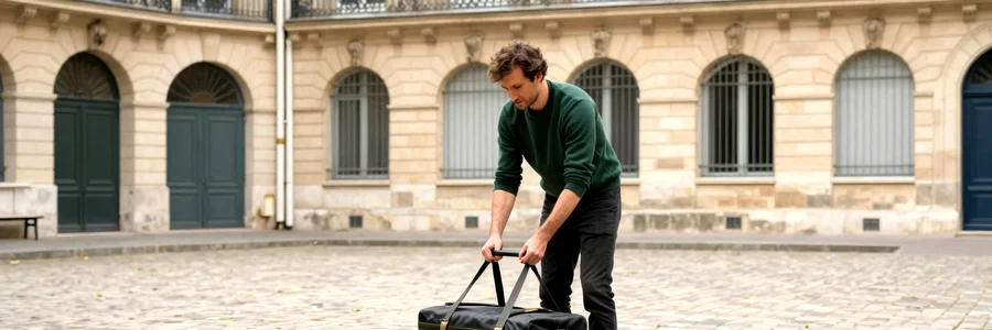 Déménageur sécurisant un meuble avec des sangles dans une cour intérieure pavée d'immeuble parisien