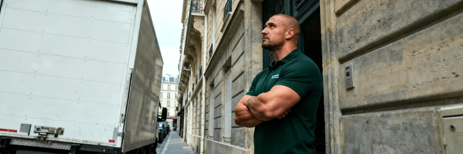 Déménageur parisien évaluant une ruelle étroite pavée avant d'organiser le transport de meubles
