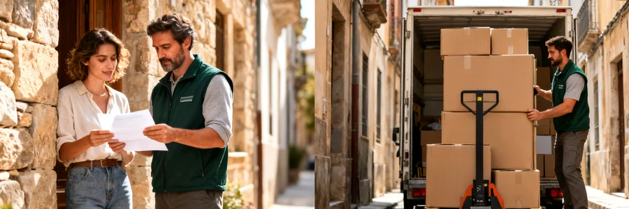 Déménageur en gilet vert sombre consulte un tarif avec un client, puis manœuvre un monte-meuble