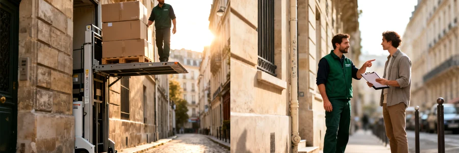 Monte-meuble déployé en ruelle étroite du centre de Paris, pro en gilet vert foncé validant
