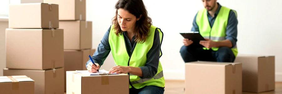 Femme qui étiquette des cartons bien organisés par pièce, déménageur avec clipboard en arrière-plan