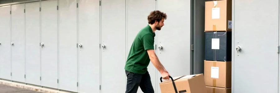 Déménageur en gilet vert foncé pousse un diable vers un box de stockage ouvert, meubles emballés