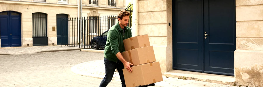 Déménageur manœuvrant un diable chargé de cartons dans une cour intérieure parisienne