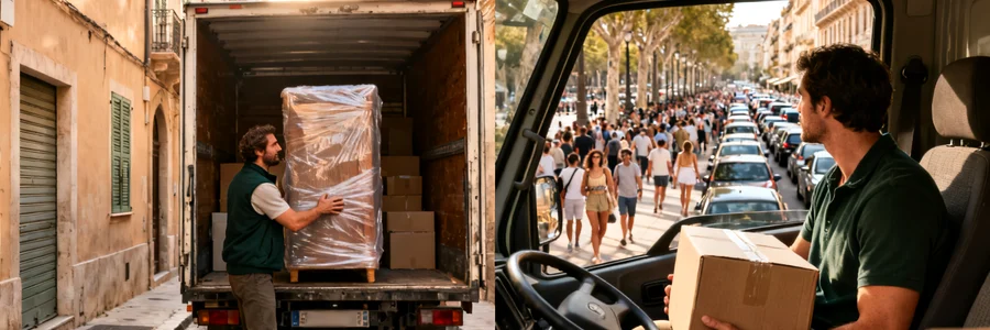 Déménageur chargeant un meuble tôt le matin dans une ruelle côtière, puis camion immobilisé