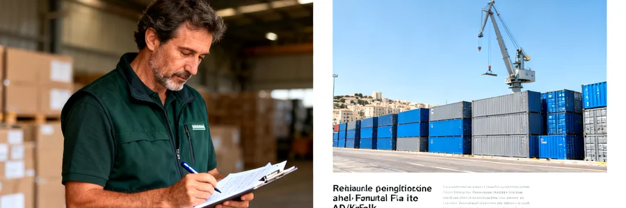 Déménageur consultant un inventaire douanier au bord d'un quai du port de Marseille avec conteneurs