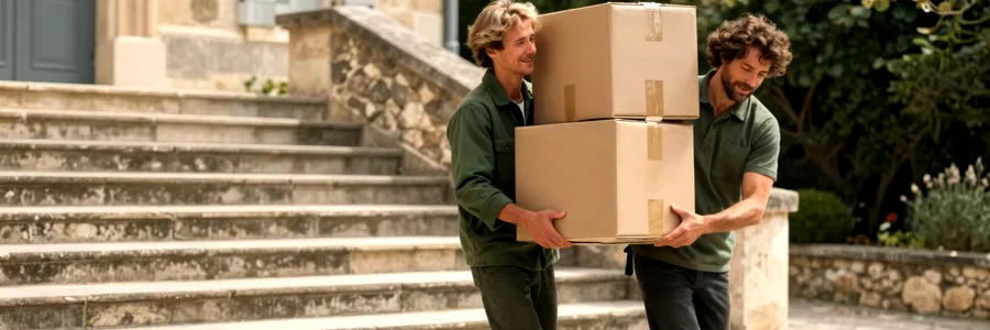 Duo de déménageurs portant un carton lourd dans un escalier en pierre d'immeuble provençal