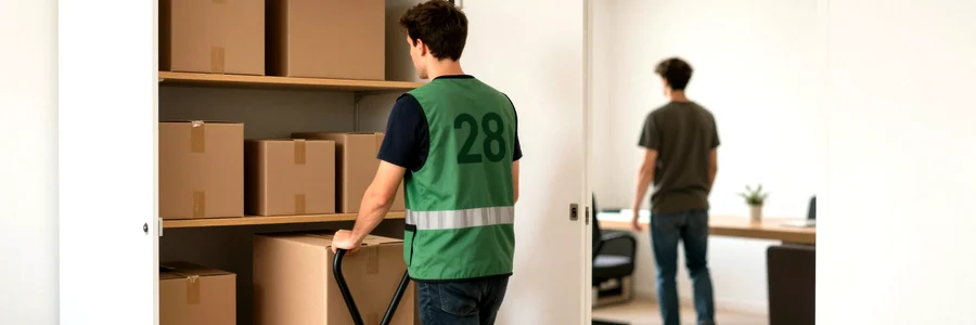 Déménageur avec diable et cartons devant un box de garde-meuble ouvert, client en arrière-plan