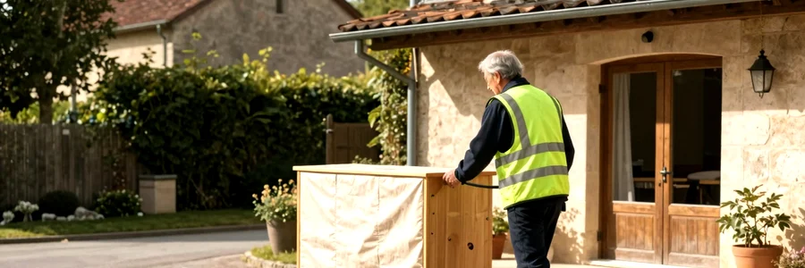 Déménageur manœuvrant un monte-meuble pour hisser une armoire sur façade de maison provençale