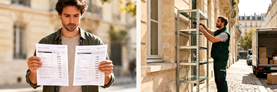 Client comparant deux tarifs de déménagement devant façade pierre, monte-meuble urbain en
